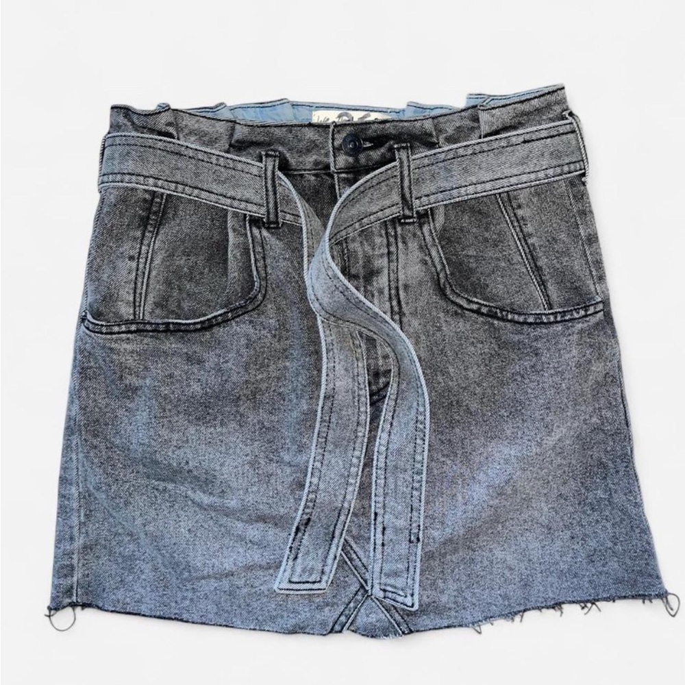 Free People Women's 26 Mini Skirt Black Washed Button Fly Belted Pockets